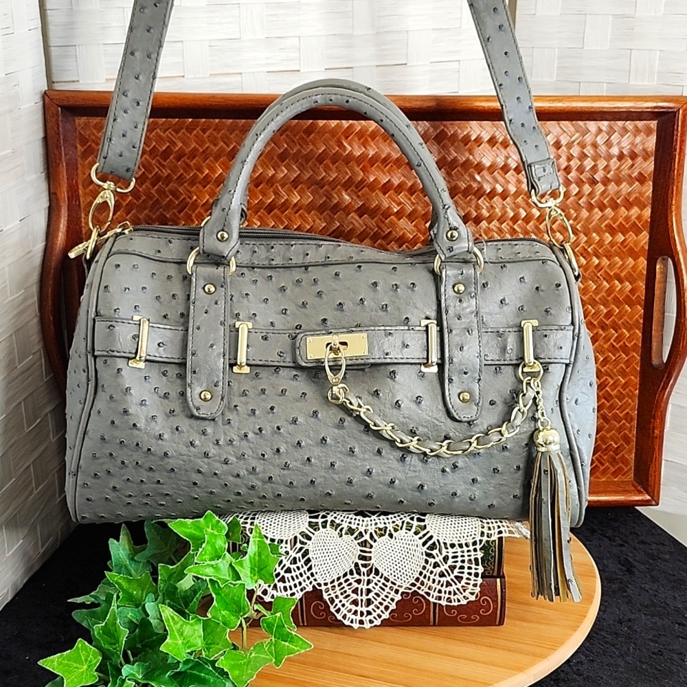 👉*STEVE MADDEN* OSTRICH GREY FAUX LEATHER CROSSBODY BAG ~INC: TASSEL & CHAIN
